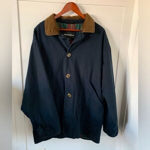 VINTAGE MENS NEIMAN MARCUS NAVY UTILITY COAT, BROWN CORDUROY COLLAR, PLAID, L
